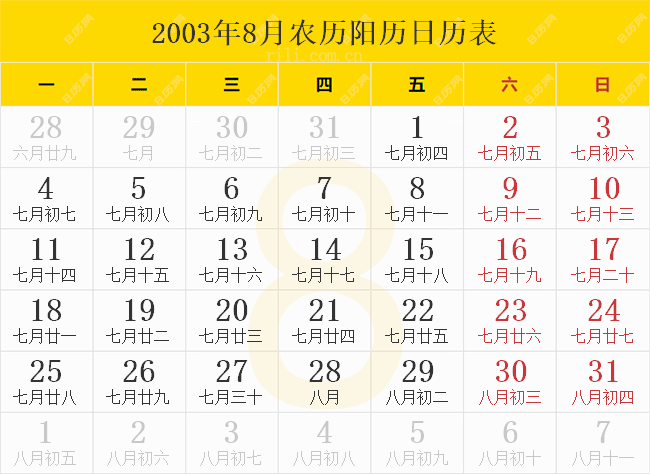 2003年8月农历阳历日历表