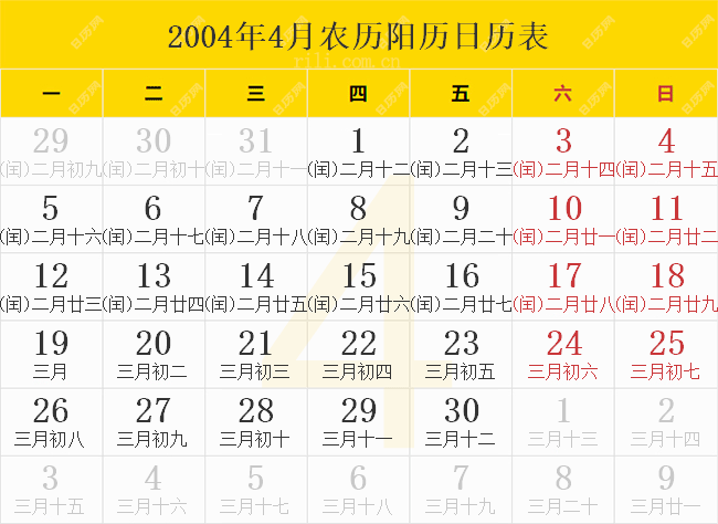 2004年4月农历阳历日历表