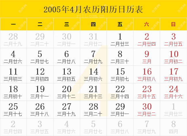 2005年4月农历阳历日历表
