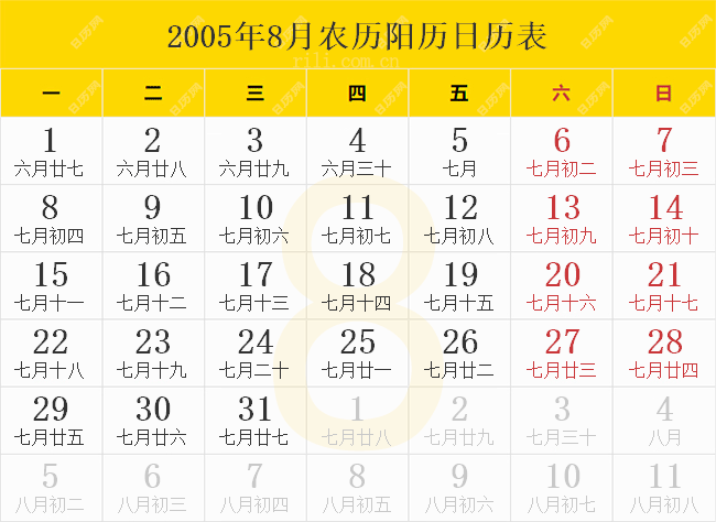 2005年8月农历阳历日历表