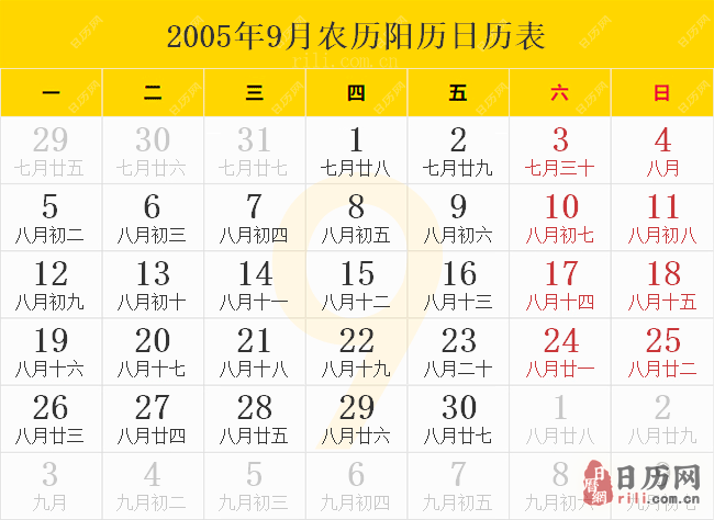2005年9月农历阳历日历表