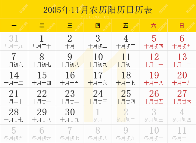2005年11月农历阳历日历表