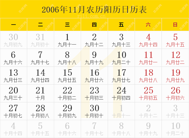 2006年11月农历阳历日历表