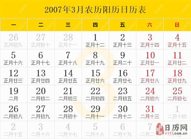 2007年3月农历阳历日历表
