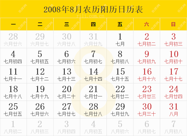 2008年8月农历阳历日历表