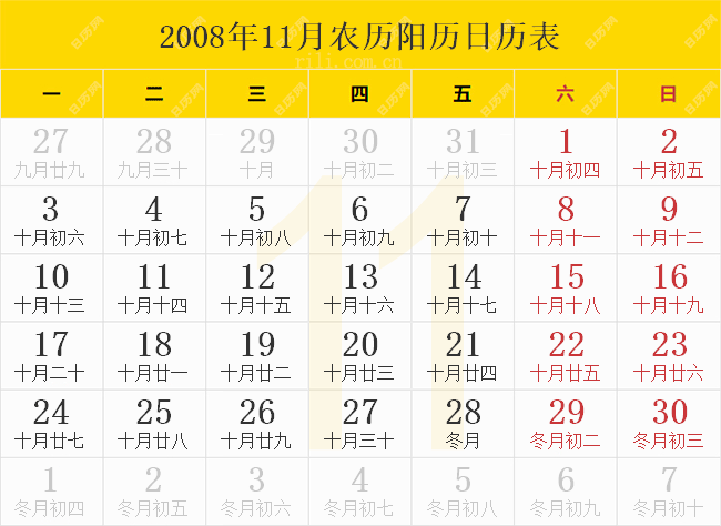 2008年11月农历阳历日历表
