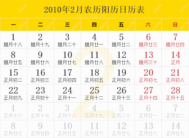 2010年2月农历阳历日历表