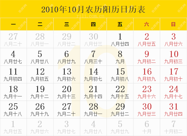 2010年10月农历阳历日历表