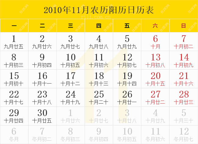 2010年11月农历阳历日历表
