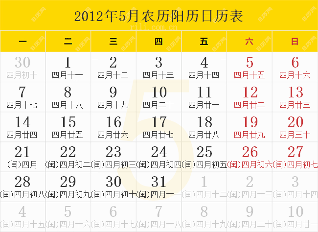 2012年5月日历表