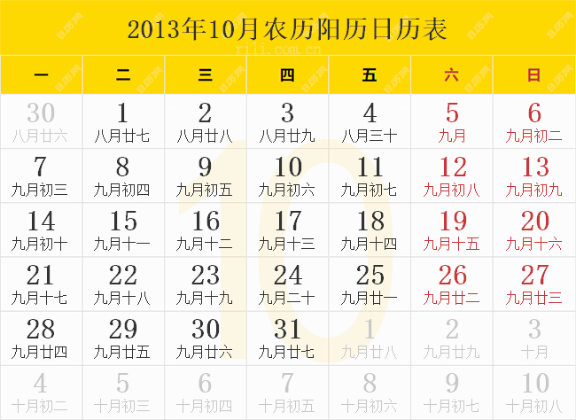 2013年10月农历阳历日历表
