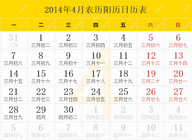 2014年4月农历阳历日历表