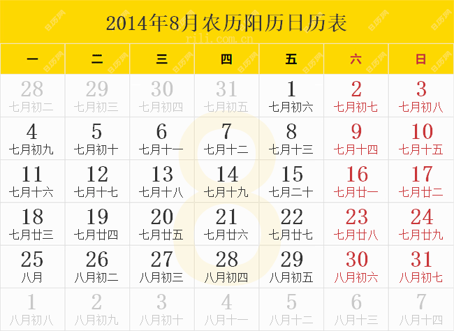 2014年8月农历阳历日历表