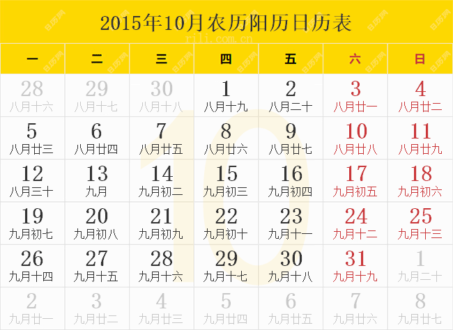 2015年10月农历阳历日历表