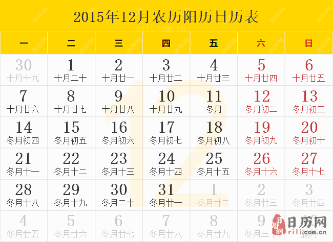 2015年12月农历阳历日历表