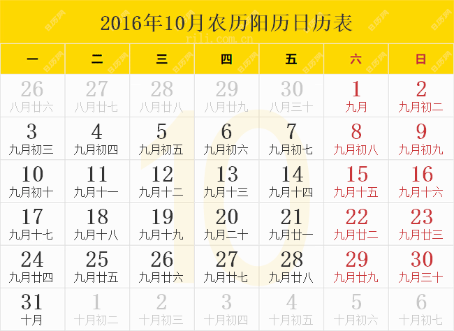 2016年10月农历阳历日历表