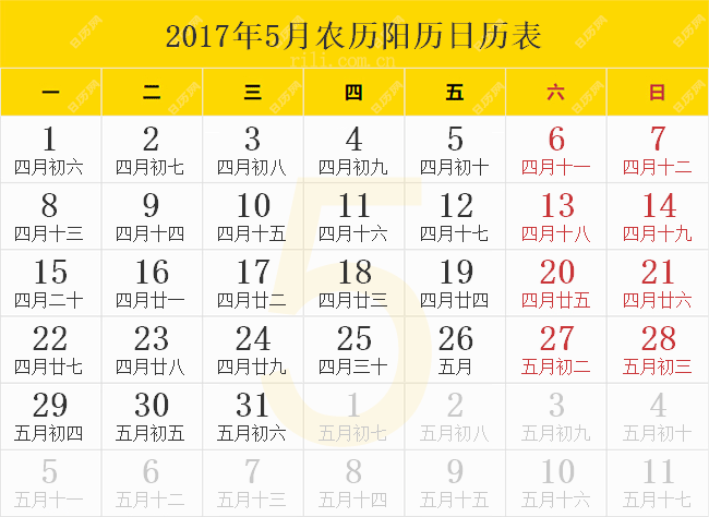 2017年5月农历阳历日历表