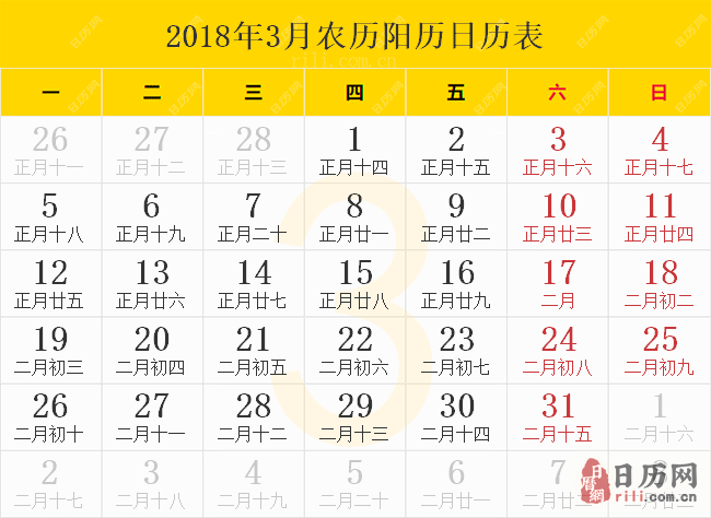 2018年3月日历表