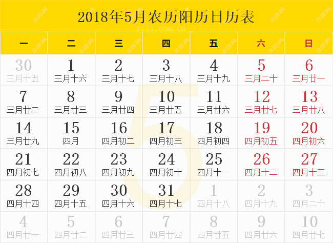 2018年5月农历阳历日历表