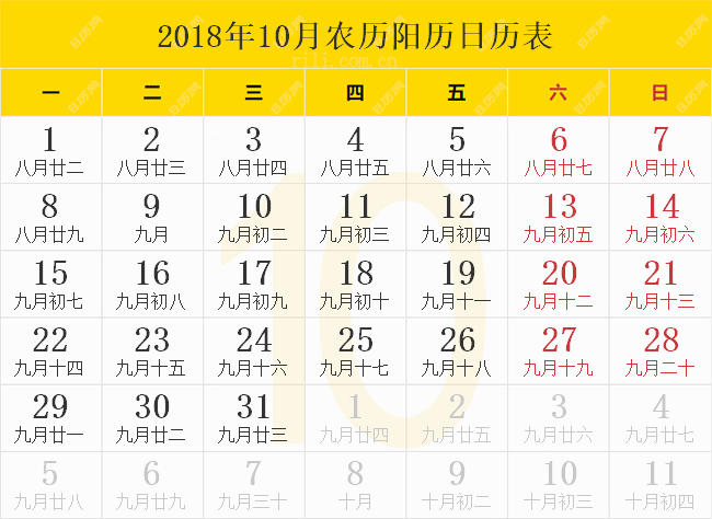 2018年10月农历阳历日历表