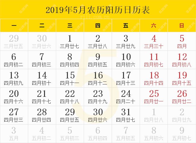 2019年5月农历阳历日历表