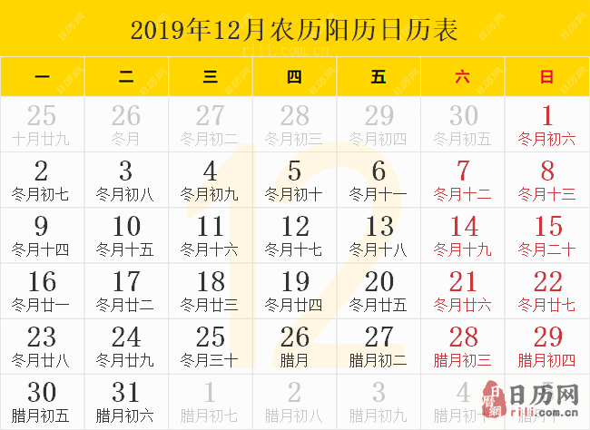 2019年12月农历阳历日历表