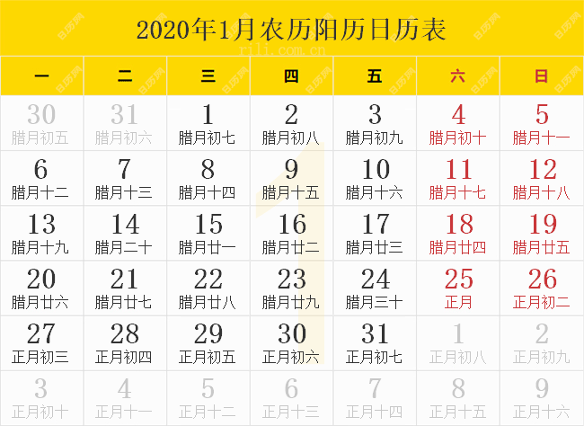 2020年1月农历阳历日历表