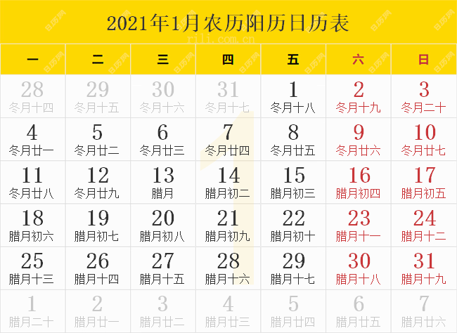 2021年1月农历阳历日历表