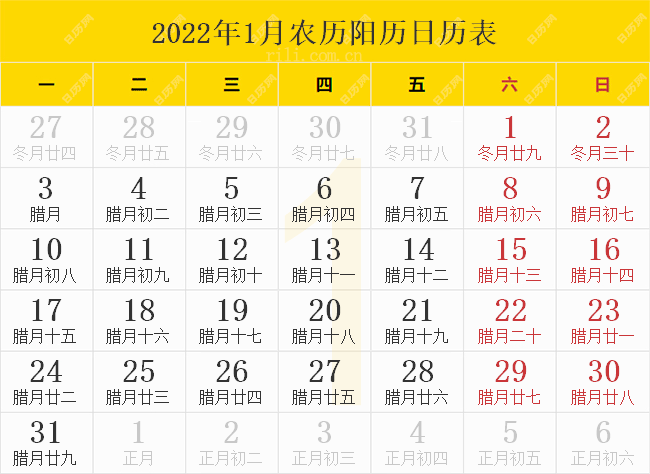 2022年1月农历阳历日历表