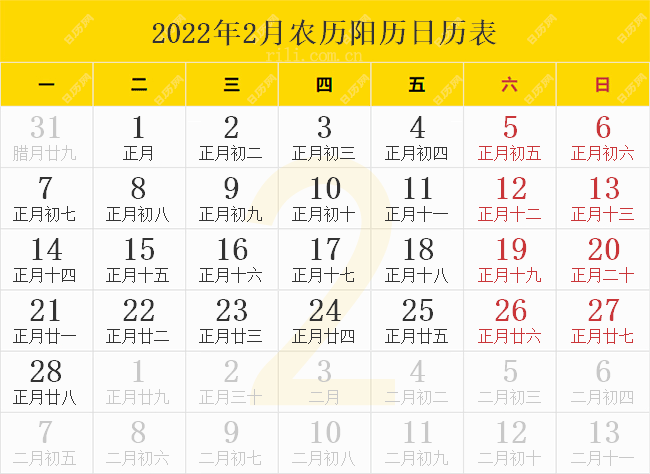 2022年2月农历阳历日历表