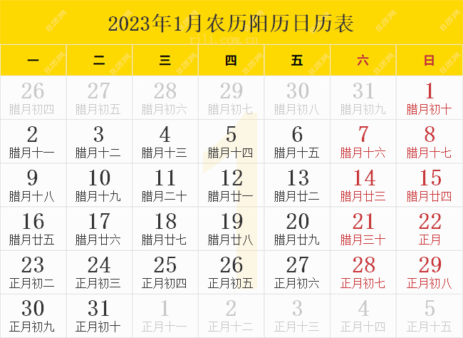 2023年1月农历阳历日历表