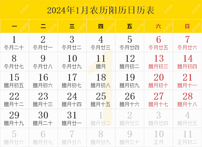 2024年1月农历阳历日历表