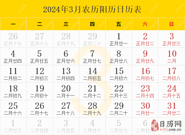 2024年3月农历阳历日历表