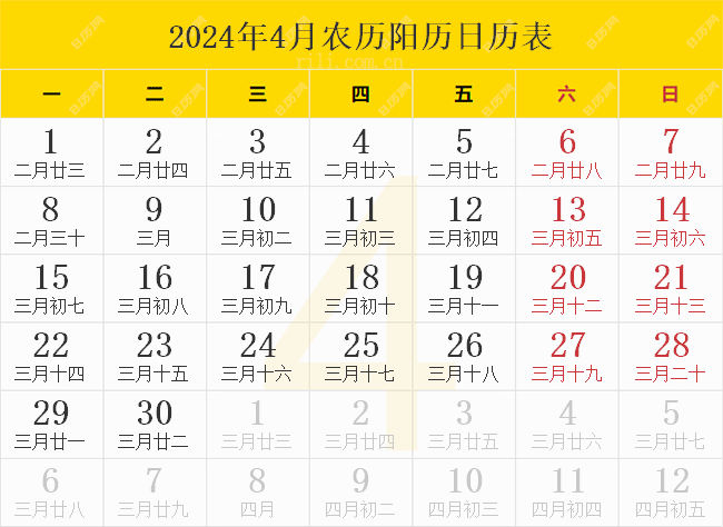 2024年4月农历阳历日历表