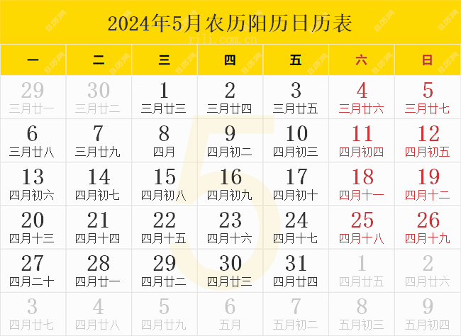 2024年5月农历阳历日历表