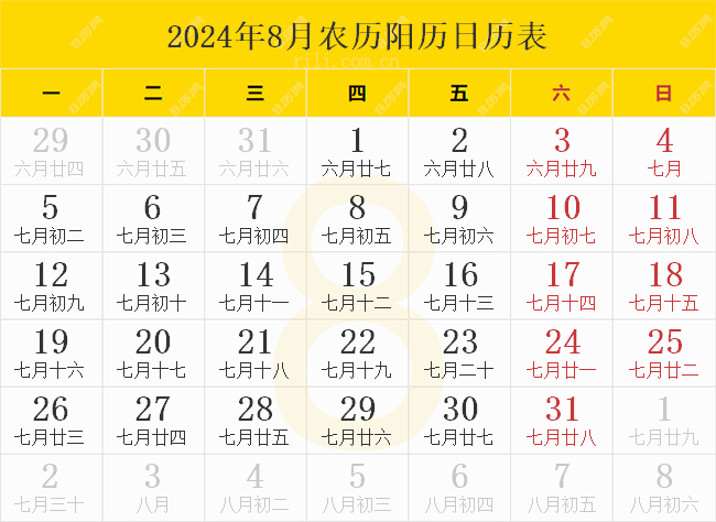 2024年8月农历阳历日历表
