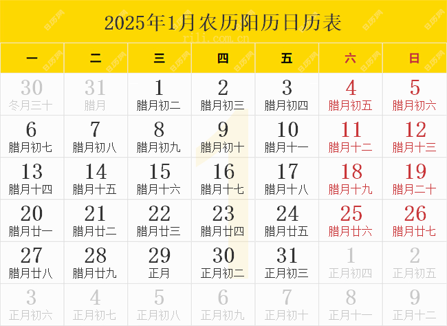 2025年1月农历阳历日历表