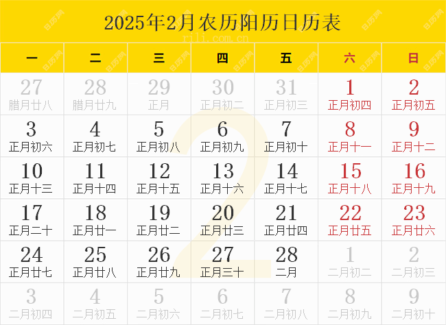 2025年2月农历阳历日历表