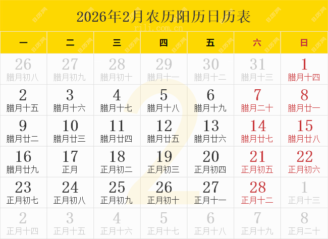 2026年2月农历阳历日历表