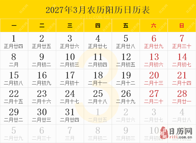 2027年3月农历阳历日历表