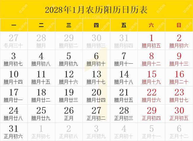 2028年1月农历阳历日历表