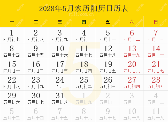 2028年5月农历阳历日历表