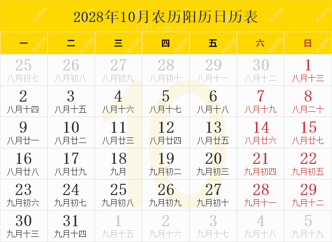 2028年10月农历阳历日历表