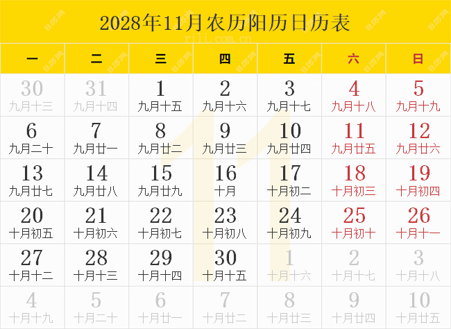 2028年11月农历阳历日历表