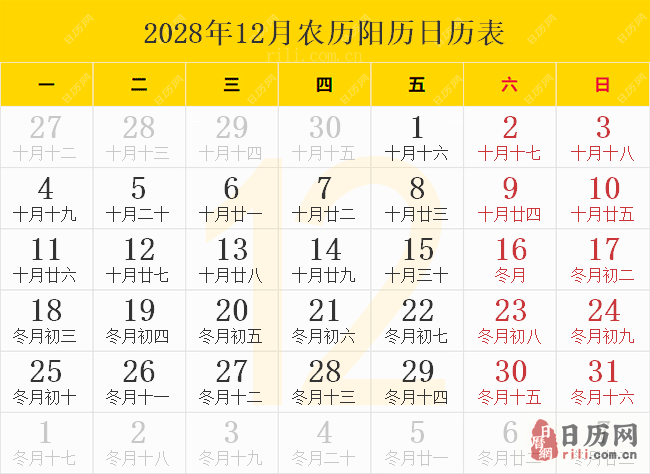 2028年12月农历阳历日历表