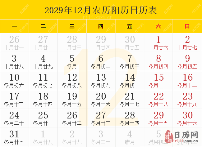 2029年12月农历阳历日历表