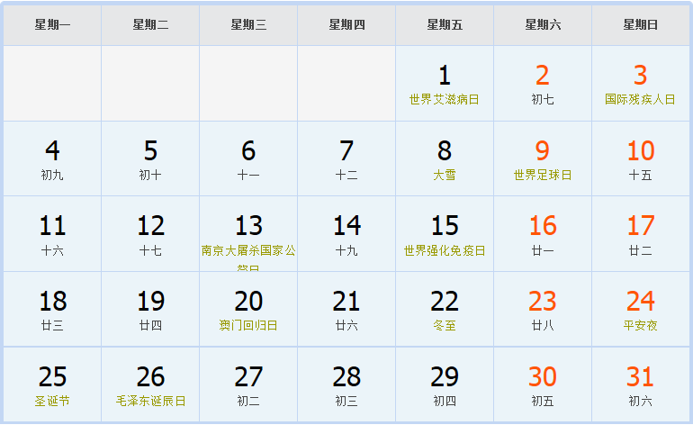 2000年12月日历表 2000年12月日历表