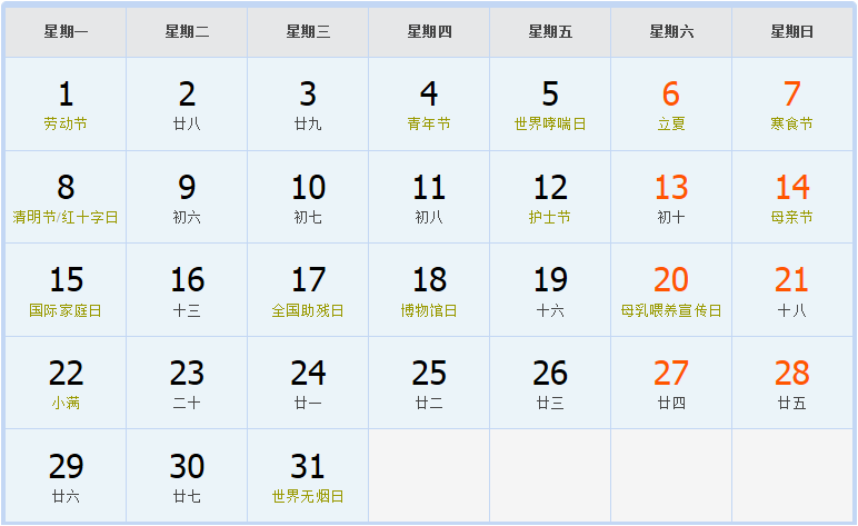 2000年5月日历表 2000年5月日历表