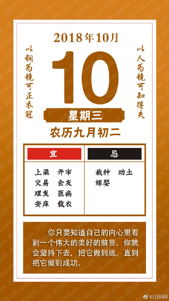 2018年10月10日（农历九月初二）星期三 
