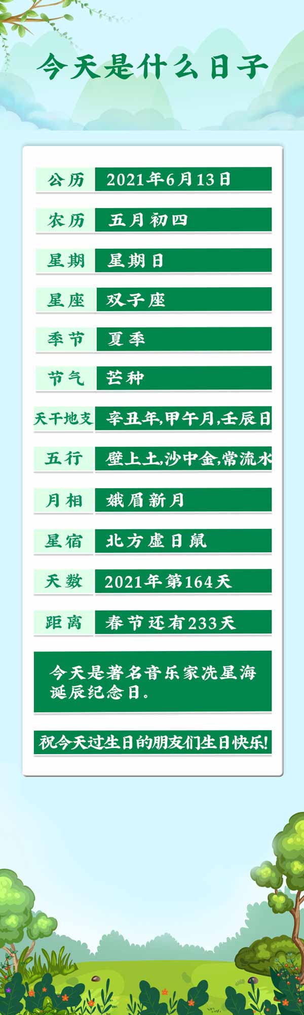 今天是2021年6月13日农历五月初四
